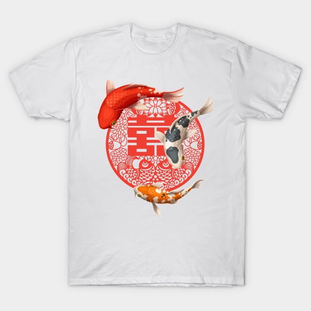 Double Happiness Koi Fish Bright Red and Orange - Hong Kong Retro T-Shirt by CRAFTY BITCH